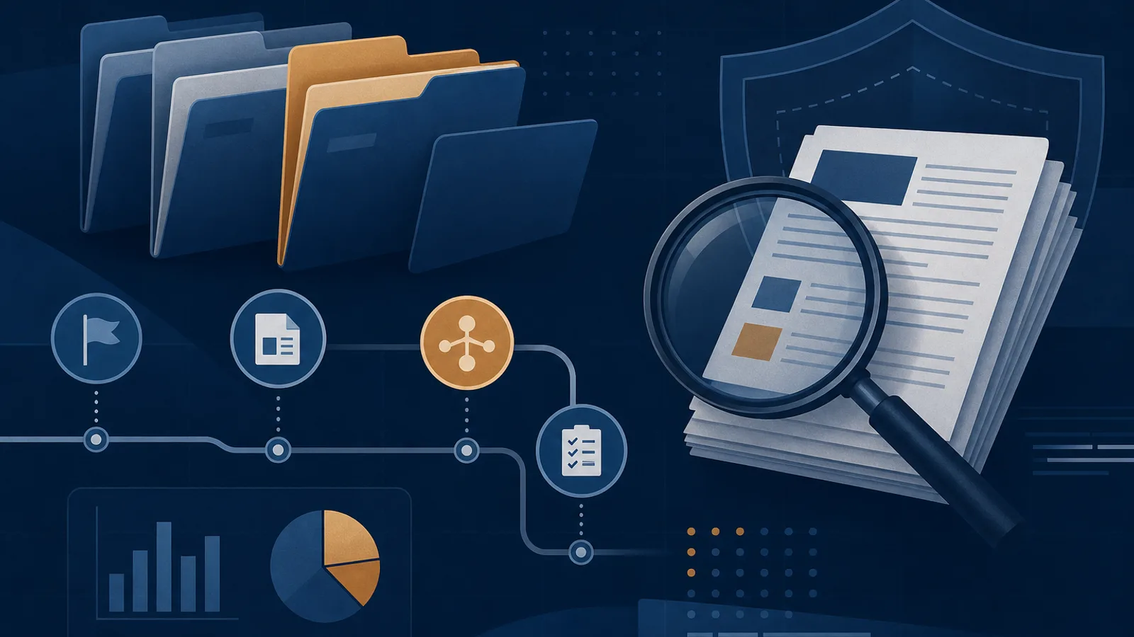 Editorial illustration of fraud case study folders, timelines and analysis tools