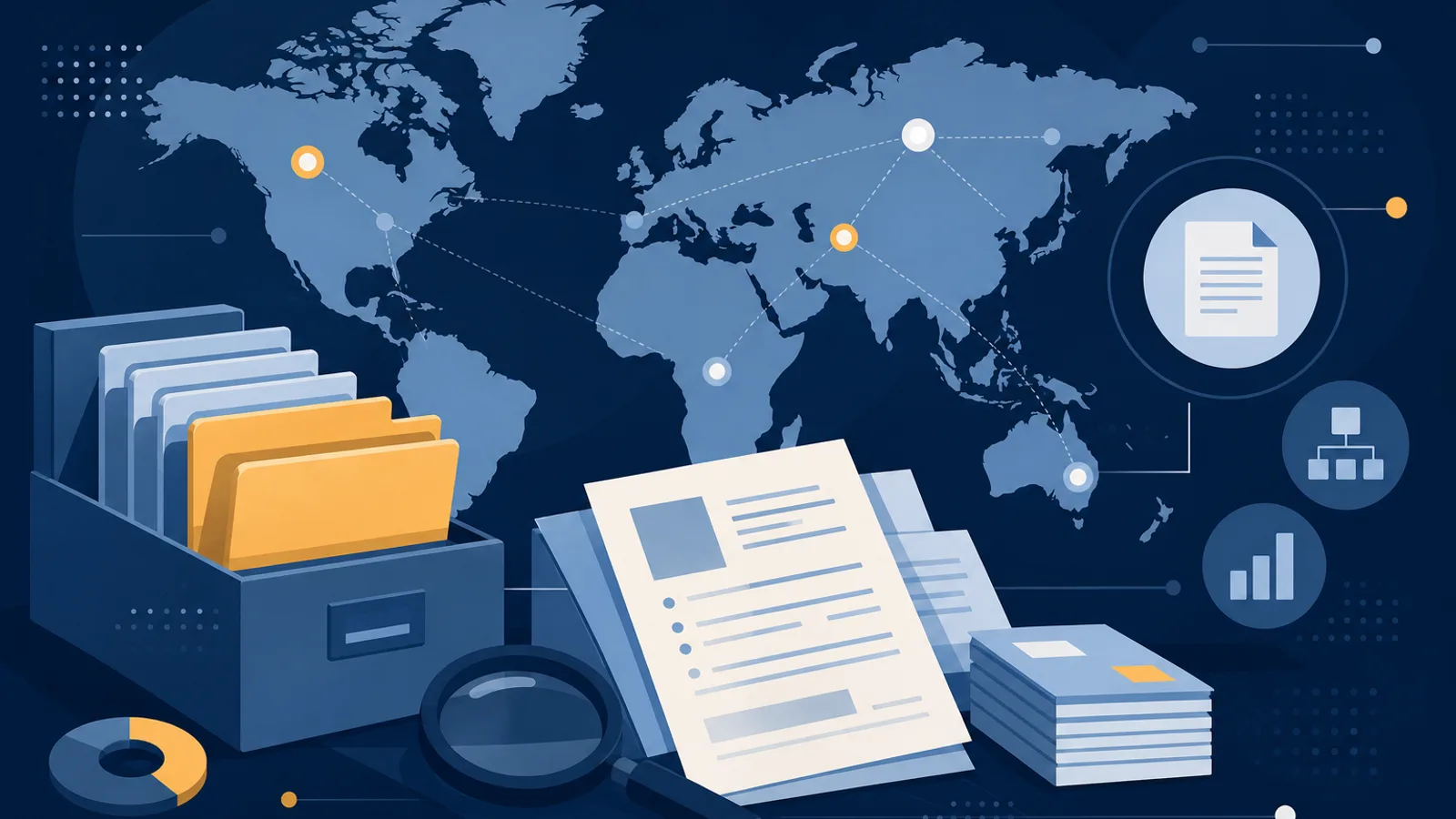 Illustration of a jurisdiction directory with abstract world map silhouettes and information folders