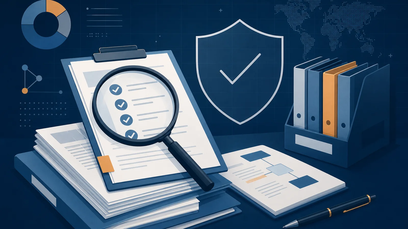 Editorial illustration of fraud research documents, verification tools and knowledge resources