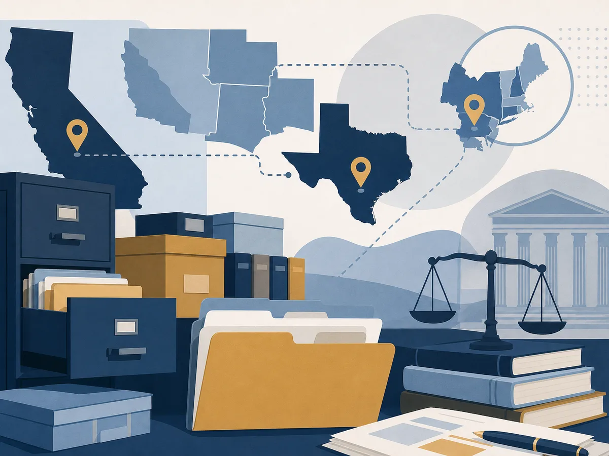 Illustration of jurisdiction map markers and public record folders
