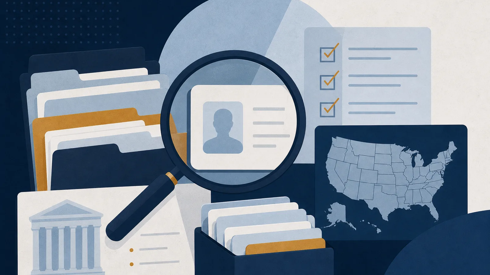 Illustration of public licensing record cards, folders and a magnifying glass for directory research